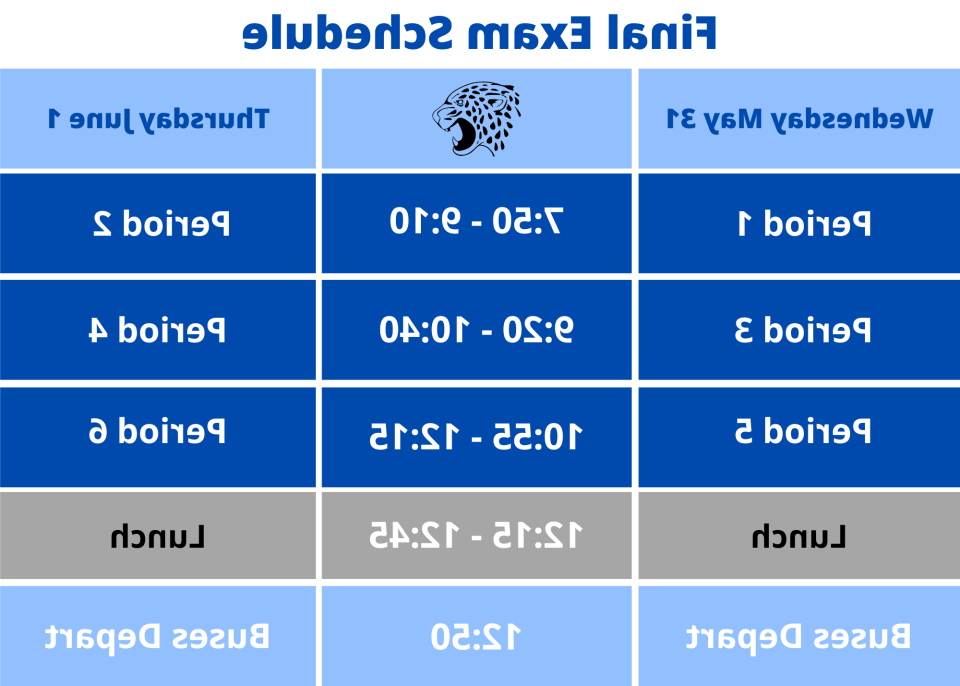 table displaying finals exam schedule times.